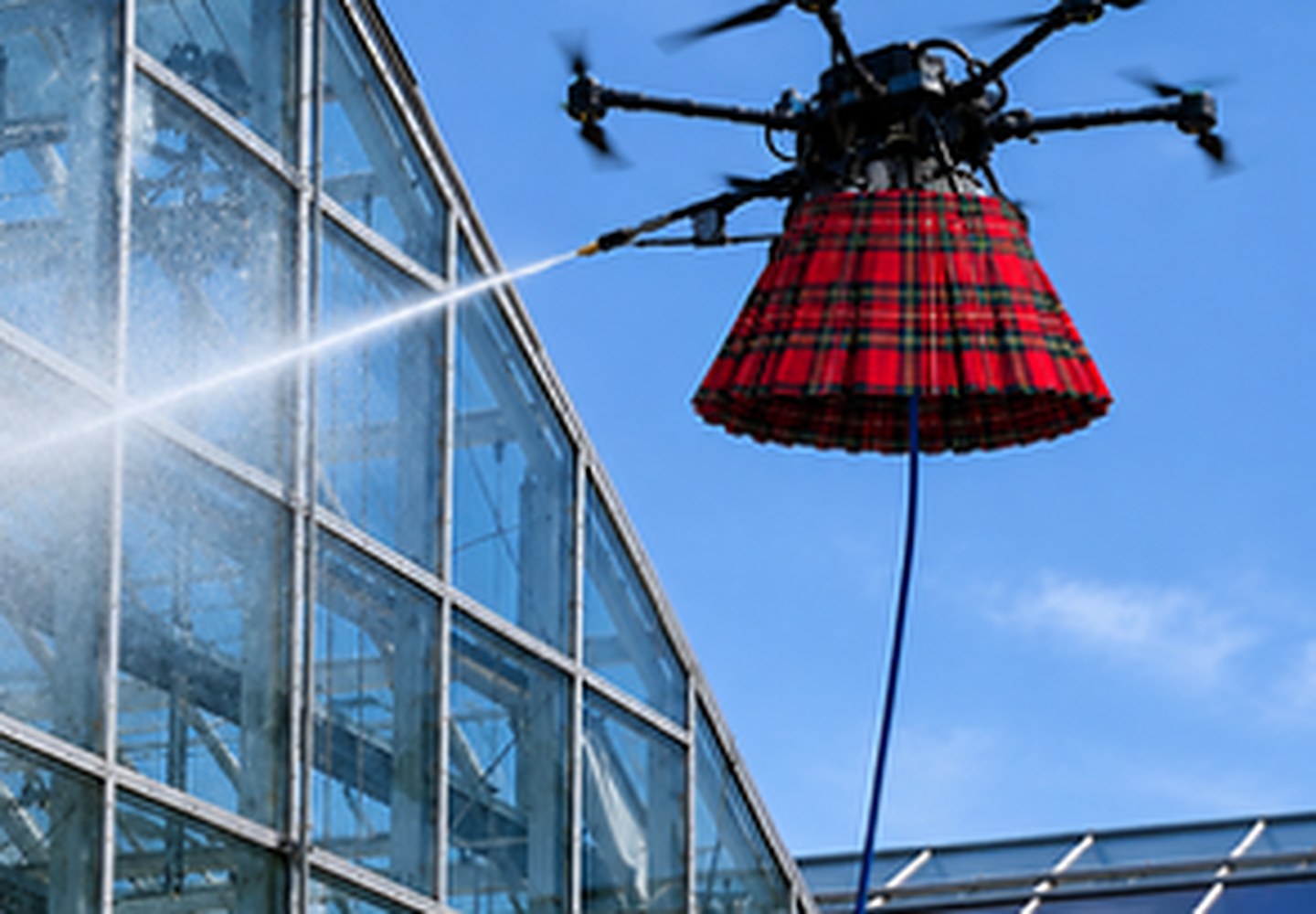 Tartan hexacopter drone carrying a red tartan kilt, spraying a glass building facade